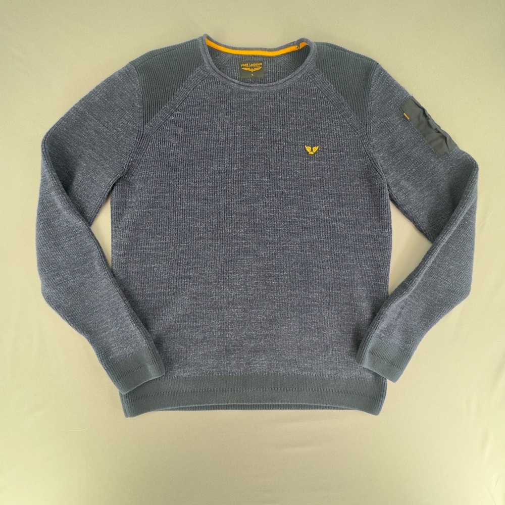 PME Legend XL Mens Blue Ribbed Knit Sweater Flight Arm Pocket Cotton Pullover